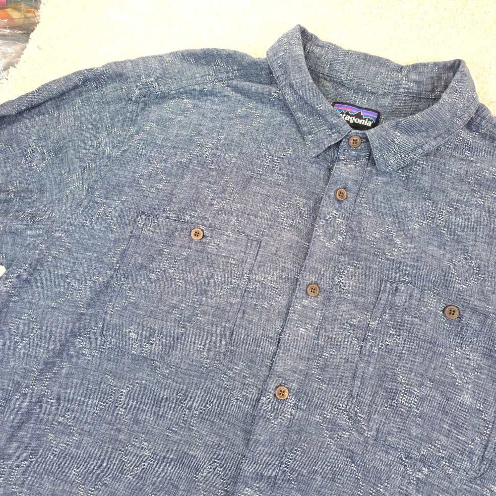 Patagonia Back Step Button Up Shirt Mens 2XL Blue Short Sleeve Pockets Outdoor